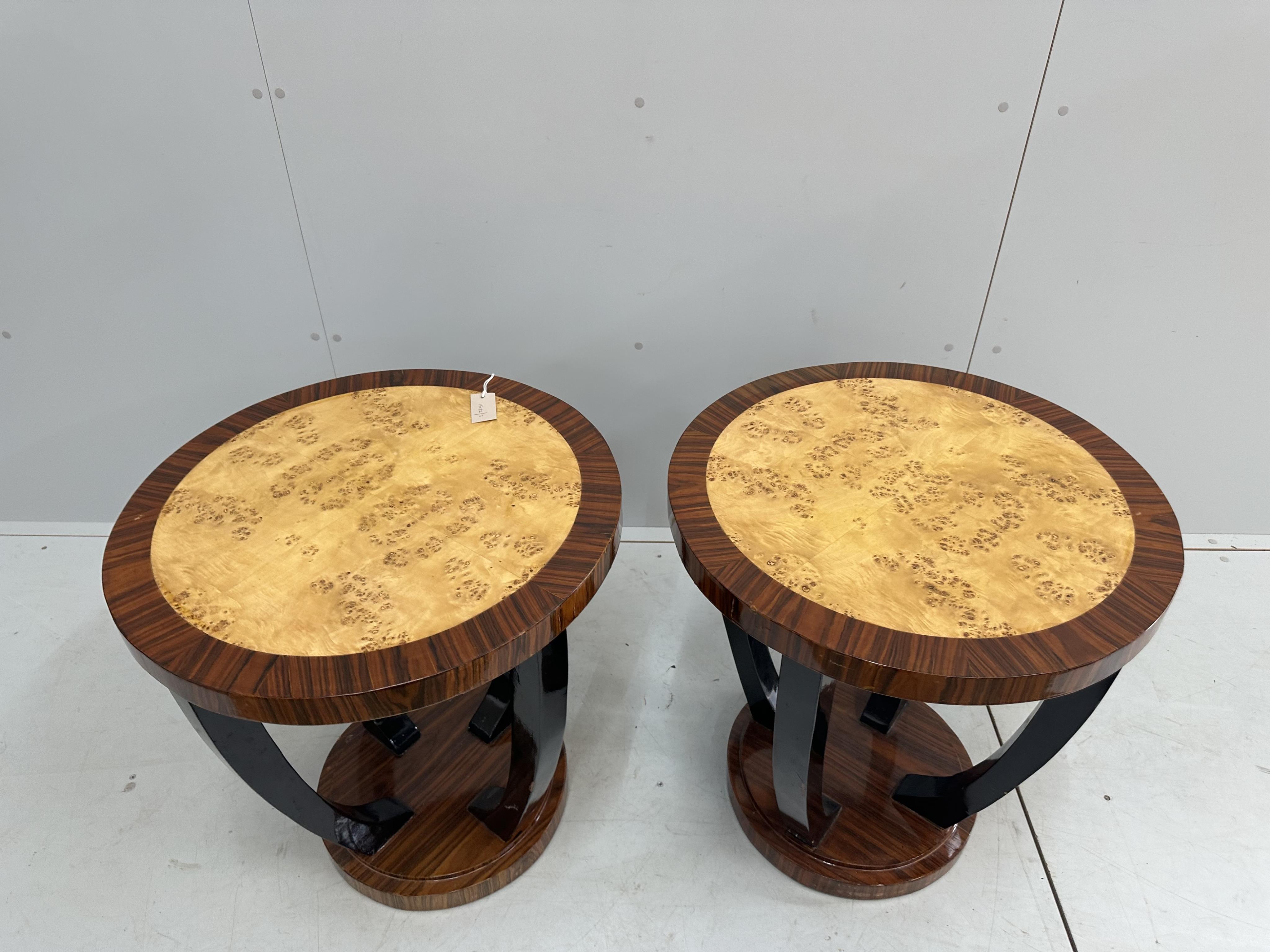 A pair of Art Deco style coromandel and bird's eye maple circular occasional tables, diameter 60cm, height 62cm. Condition - good